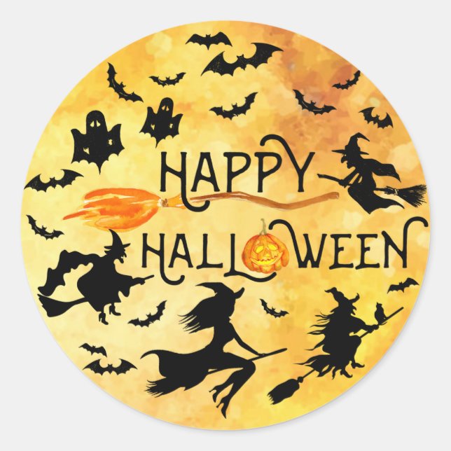 Sticker Rond HEUREUX HALLOWEEN, Sorcières volantes, chauves-sou (Devant)