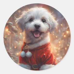 Sticker Rond Heureux Père Noël Puppy, chien de vacances