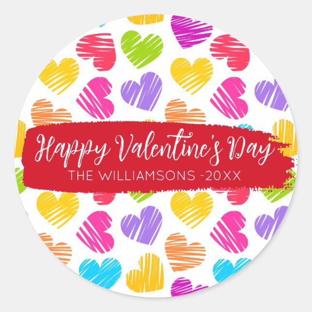 Sticker Rond Heureux Valentines Fille Vibrant Doodled Hearts No (Devant)