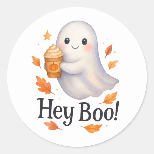 Sticker Rond Hey Boo! – Cute AI-Generated Ghost Pumpkin Latte  (Devant)