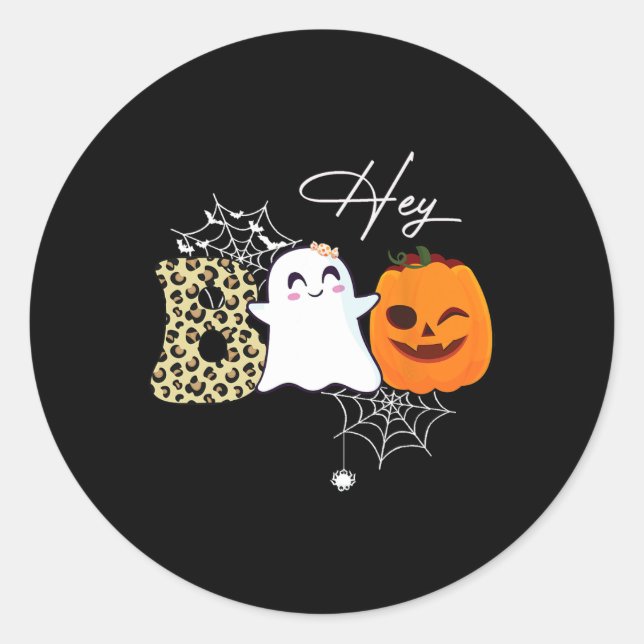 Sticker Rond Hey Boo mignon Citrouille fantôme face Halloween (Devant)