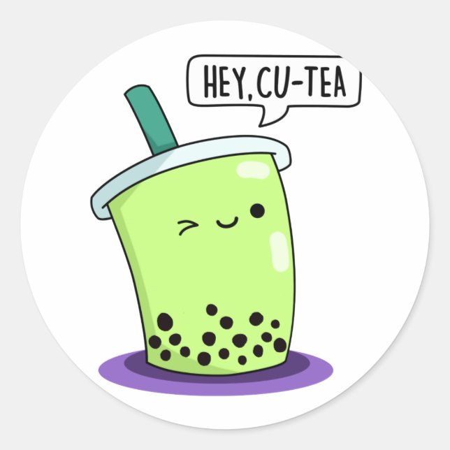 Sticker Rond Hey Cu Tea Drôle Boba Tea Pun (Devant)
