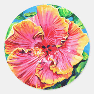 Sticker Rond Hibiscus Aloha Rose Rouge Fleur Hawaïenne