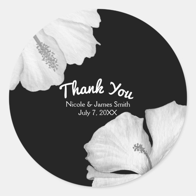 Sticker Rond Hibiscus blanc Noir Tropical Wedding Favoriser (Devant)