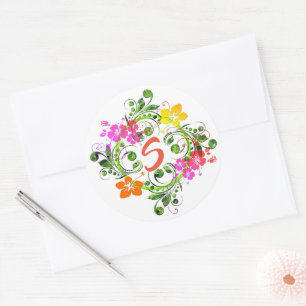 Sticker Rond Hibiscus fleur tropicale couronne vert rose jaune