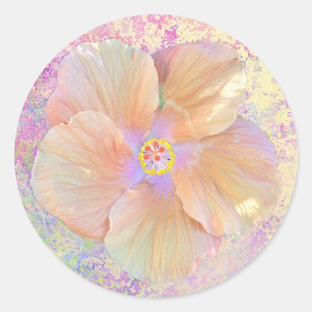 Sticker Rond Hibiscus fleur tropicale iridescente look or rose (Devant)