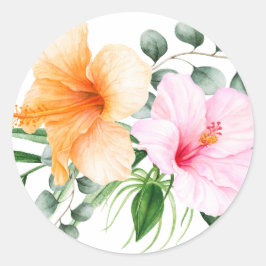 Sticker Rond Hibiscus rose et orange Tropical Floral