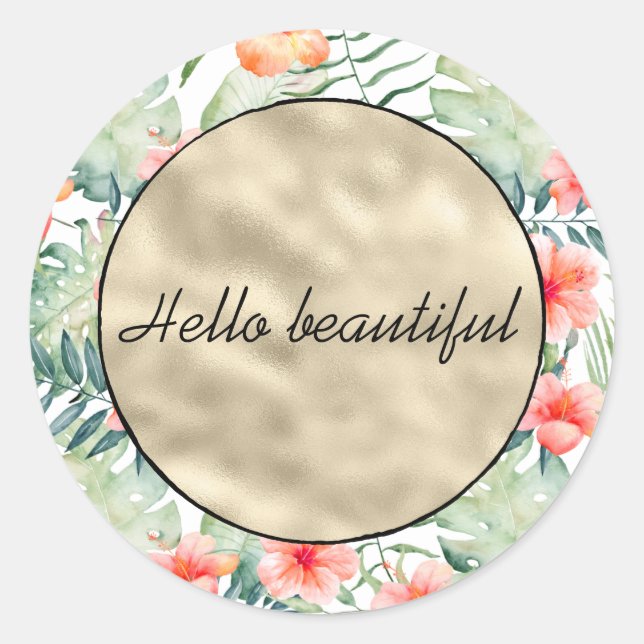 Sticker Rond Hibiscus rose tropical Or floral (Devant)