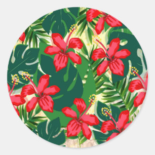 Sticker Rond Hibiscus tropical coloré rouge et vert