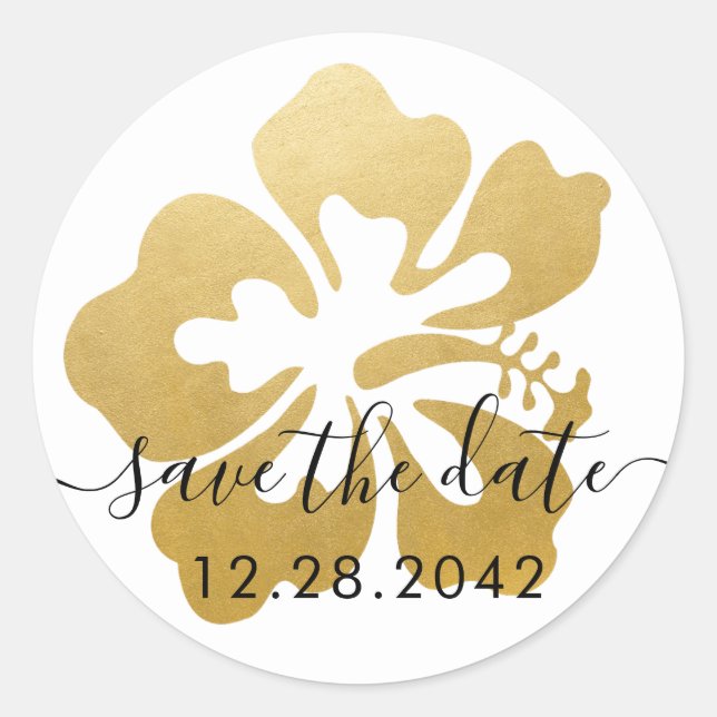 Sticker Rond Hibiscus Tropical Fleur Dorée Save the Date (Devant)