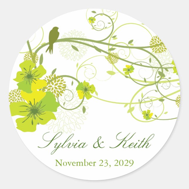 Sticker Rond Hibiscus vert Mariage floral et hirondelle (Devant)