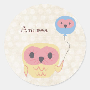 Sticker Rond Hibou mignon avec l'autocollant nommé personnalisé