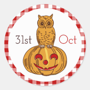 Sticker Rond Hibou sur Citrouille En vichy Motif