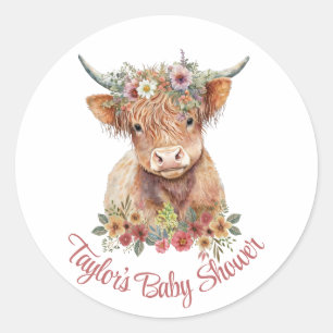 Sticker Rond Highland Calf Floral Rustique Aquarelle Cute