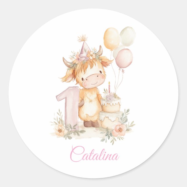 Sticker Rond Highland Cow 1st Birthday (Devant)