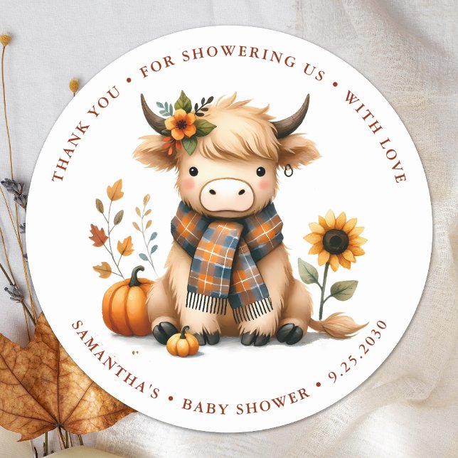 Sticker Rond Highland Cow Automne Cute Calf Baby shower (Créateur téléchargé)