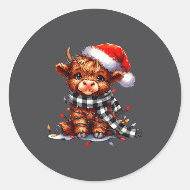 Sticker Rond Highland Cow Christmas Santa Hat Mooey Xmas Heifer (Devant)