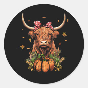 Sticker Rond Highland Cow Fall Et Citrouilles Feuille Automne R