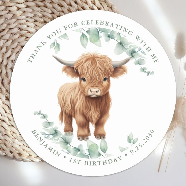 Sticker Rond Highland Cow Greenery Agritourisme Animaux Anniver (Créateur téléchargé)