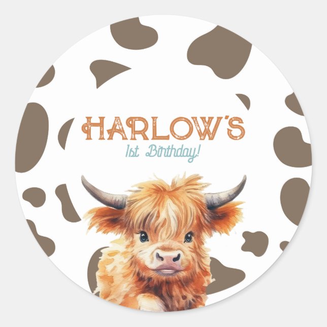 Sticker Rond Highland Cow Ma première fête d'anniversaire de ro (Devant)