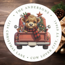 Highland Cow Red Truck Christmas Adresse de retour