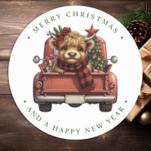 Highland Cow Vintage Red Truck Joyeux Noël