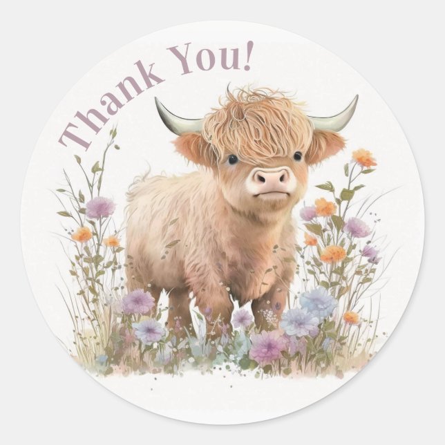 Sticker Rond Highland vache fleurie boho fête en faveur autocol (Devant)