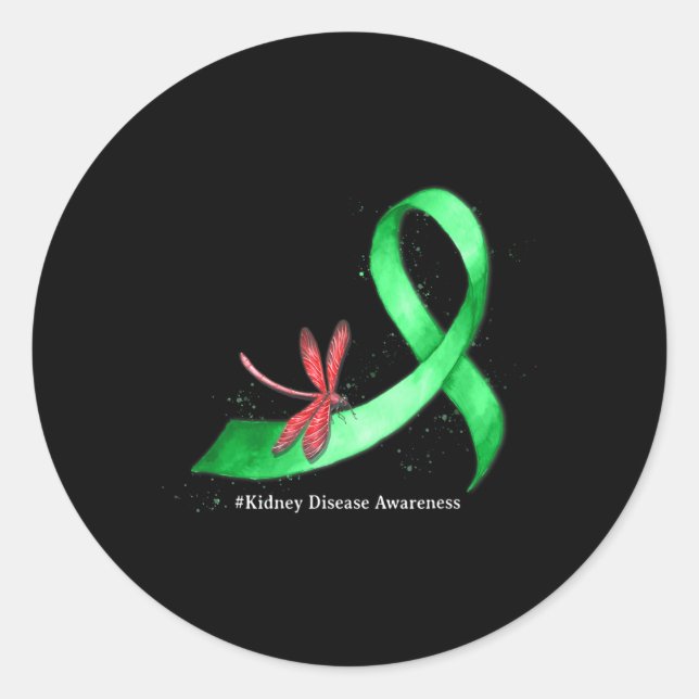 Sticker Rond Hippie Dragonfly Green Ribbon Maladie rénale Aware (Devant)
