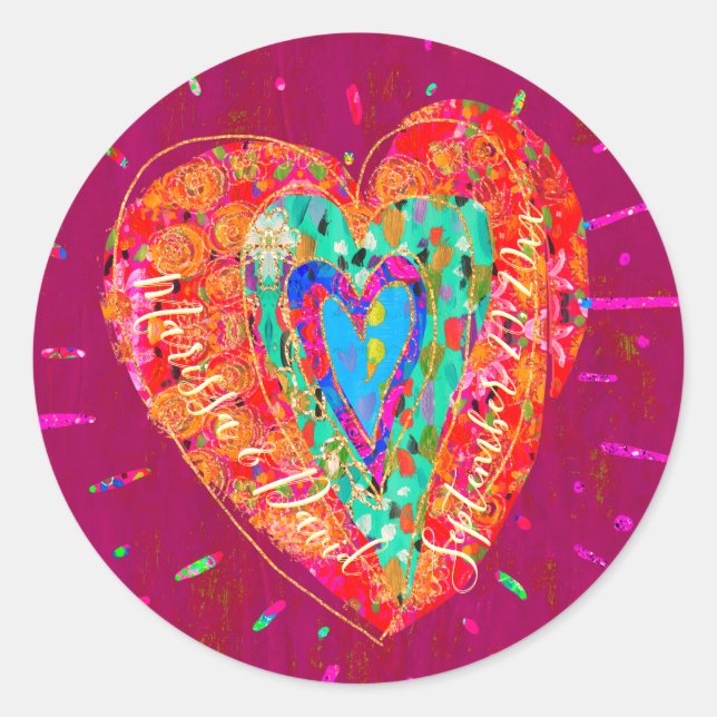 Sticker Rond Hippie rétro Coeur rose Turquoise Enregistrer la d (Devant)