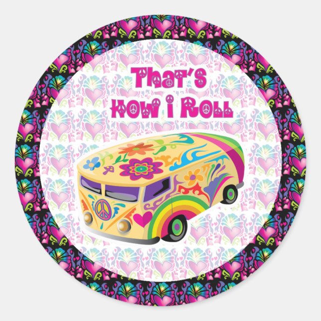 Sticker Rond hippie van comment je roule avec les coeurs super (Devant)
