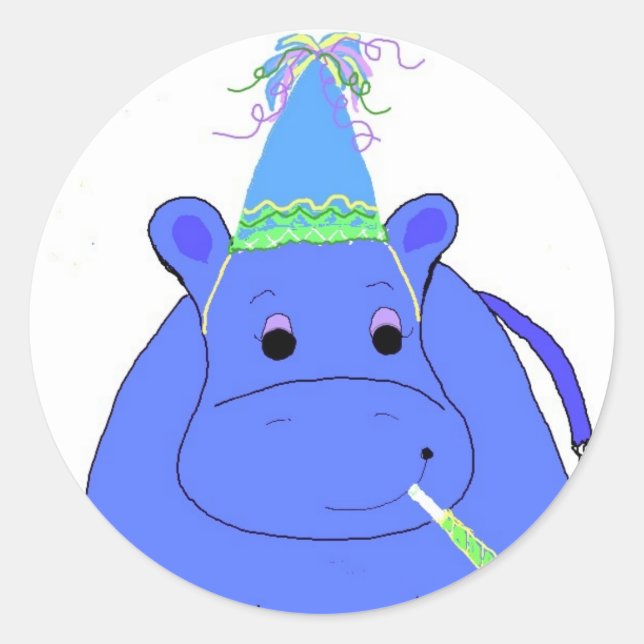 Sticker Rond Hippo bleu, anniversaire (Devant)