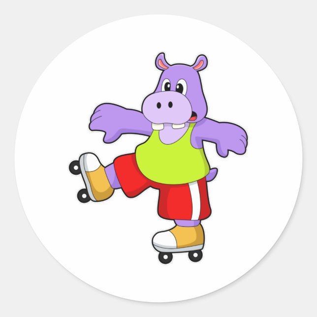 Sticker Rond Hippo comme patineur avec patins en ligne (Devant)