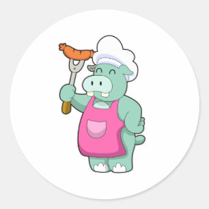 Sticker Rond Hippo cuisiner avec des saucisses