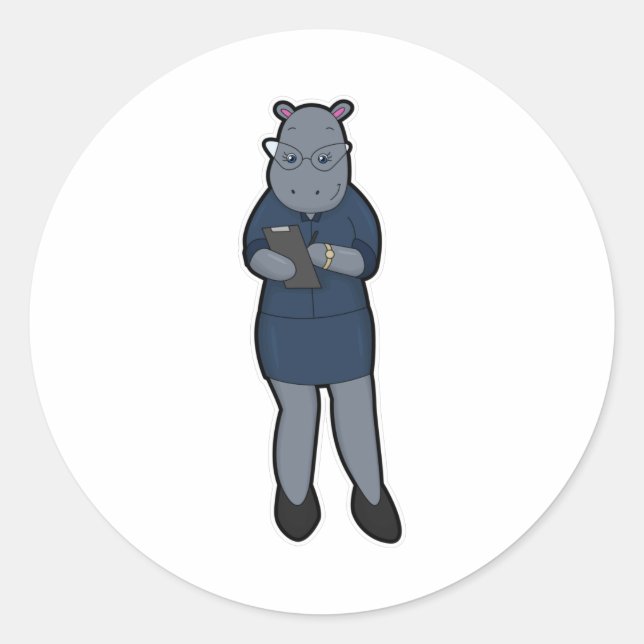 Sticker Rond Hippo en tant que secrétaire avec Bloc-notes et st (Devant)