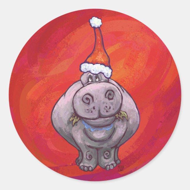 Sticker Rond Hippo mignon à Santa Hat en rouge (Devant)