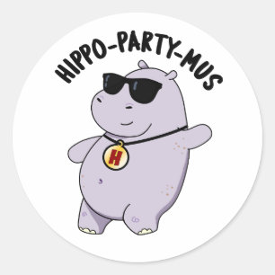 Sticker Rond Hippo-party-mus Funny Animal Hippo Pun