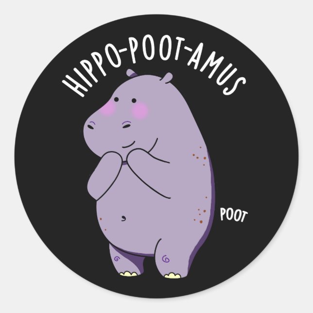 Sticker Rond Hippo-poot-amus Drôle Farting Hippo Pun Dark BG (Devant)