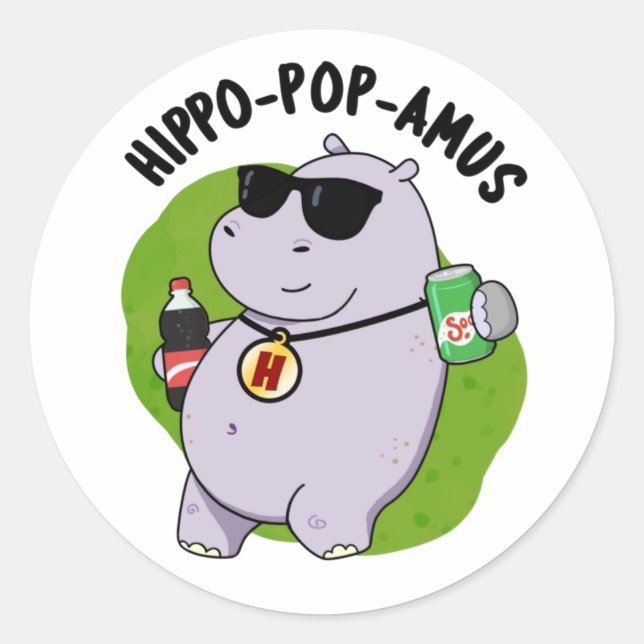 Sticker Rond Hippo-pop-amus Funny Hippo Soda Pop Pun (Devant)