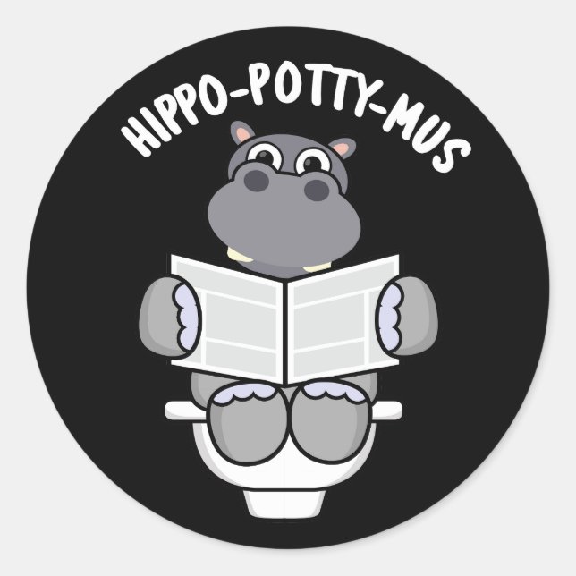 Sticker Rond Hippo-potty-mus drôle Animal Hippo Pun Dark BG (Devant)