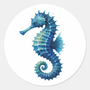 Sticker Rond Hippocampe aquarelle bleu