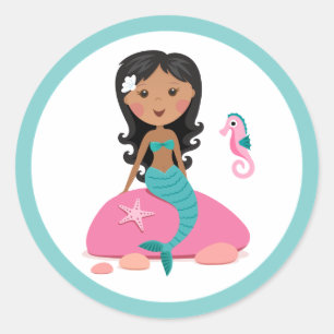 Sticker Rond Hippocampe d'étoiles de mer de fille de sirène