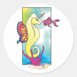 Sticker Rond hippocampe papillon et poisson