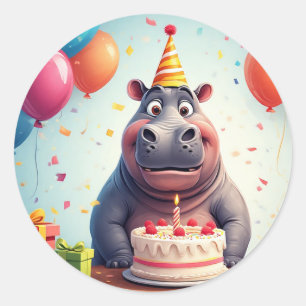 Sticker Rond Hippopotame adorable célébrant son anniversaire av