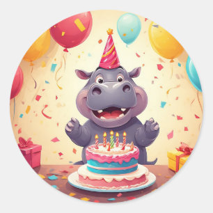 Sticker Rond Hippopotame adorable célébrant son anniversaire av