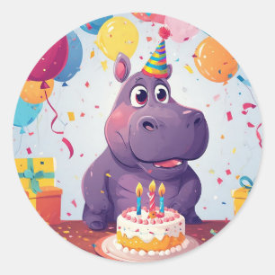 Sticker Rond Hippopotame adorable célébrant un anniversaire des