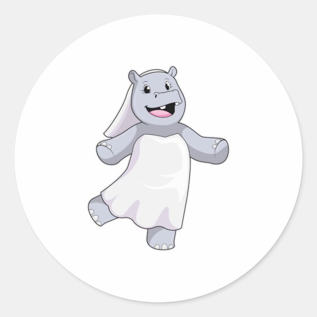 Sticker Rond Hippopotame en mariée avec voile (Devant)