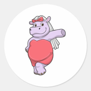 Sticker Rond Hippopotame en mariée avec voile et nœud
