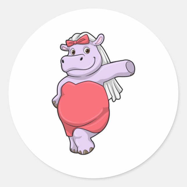 Sticker Rond Hippopotame en mariée avec voile et nœud (Devant)