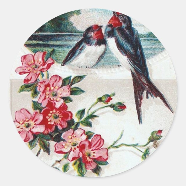 Sticker Rond Hirondelles granges et fleurs roses (Devant)