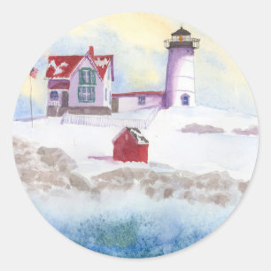 Sticker Rond Hiver à Nubble LIghthouse dans le Maine
